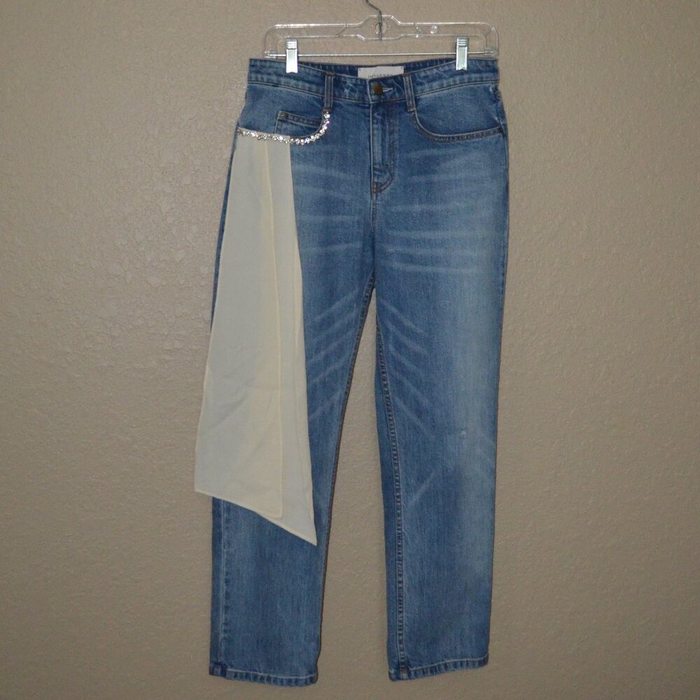 Sz 4 Hellessy Silk Cream Tie Sash Jewel Detail Denim Blue Jeans